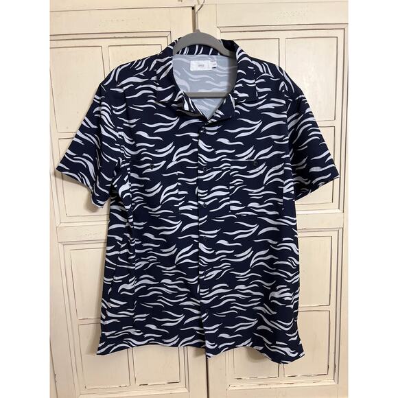 Onia size large mens short sleeve button down shirt navy blue and white - Picture 2 of 4